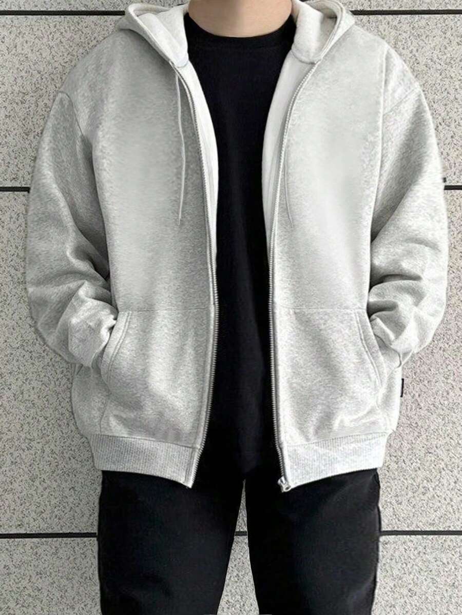 Manfinity Dauomo Plus Size Men's Solid Color Drop Shoulder Long Sleeve Zip Front Drawstring Hooded Sweatshirt, Autumn/Winter