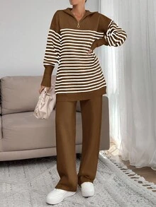EURMUSE Women Stripe Pattern Zip Detailed Neck Drop Shoulder Pullover & Sweater Pants Set - Brown - View 5