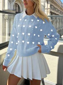 SHEIN Cottnline Women Hearth Embroidery Textured Knit Round Neck Pullover - Baby Blue - View 3