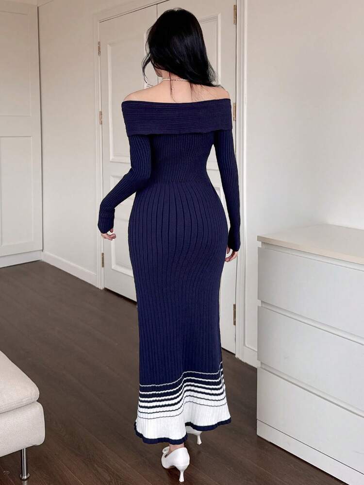 1pc Women's Off-Shoulder Knit Dress, High-Quality Elegant Waist-Cinching Slim Fit Sweater Dress