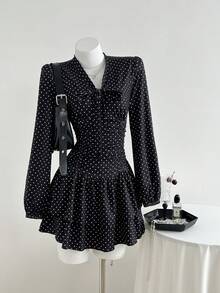 Elamini Váy ngắn chấm bi co giãn tay dài thắt eo phong cách ngọt ngào dành cho nữ mùa thu/đông - màu đen - Xem 3