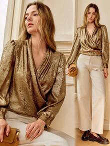 Écloséra 全新时尚法式复古优雅休闲 V 领褶皱长袖金色金属面料女式衬衫，秋冬 - 金色 - 查看 5