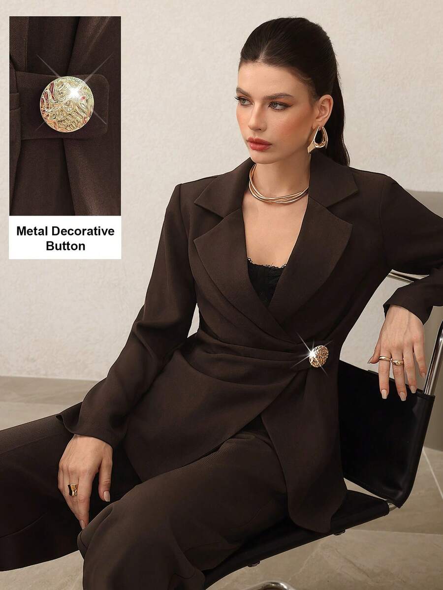 Modelyn Women's Asymmetrical Waist Metal Button Long Sleeve Blazer Jacket, Autumn - Brown - View 1