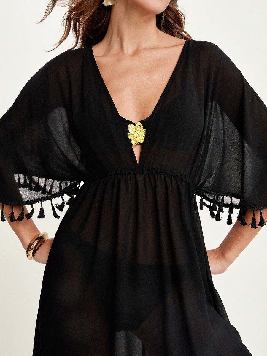 CAJUNI Vestido de playa informal de cuello en V y mangas de murciélago en color negro para mujer - Vacaciones - Traje de baño - Tropical - Negro - Ver 1