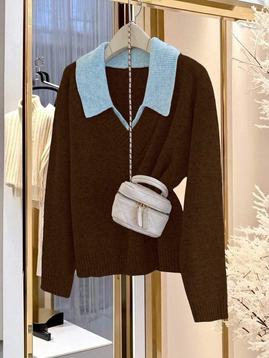Franclia V-Neck 2 In 1 Long Sleeve Sweater, Autumn/Winter - Chocolate Brown - View 1