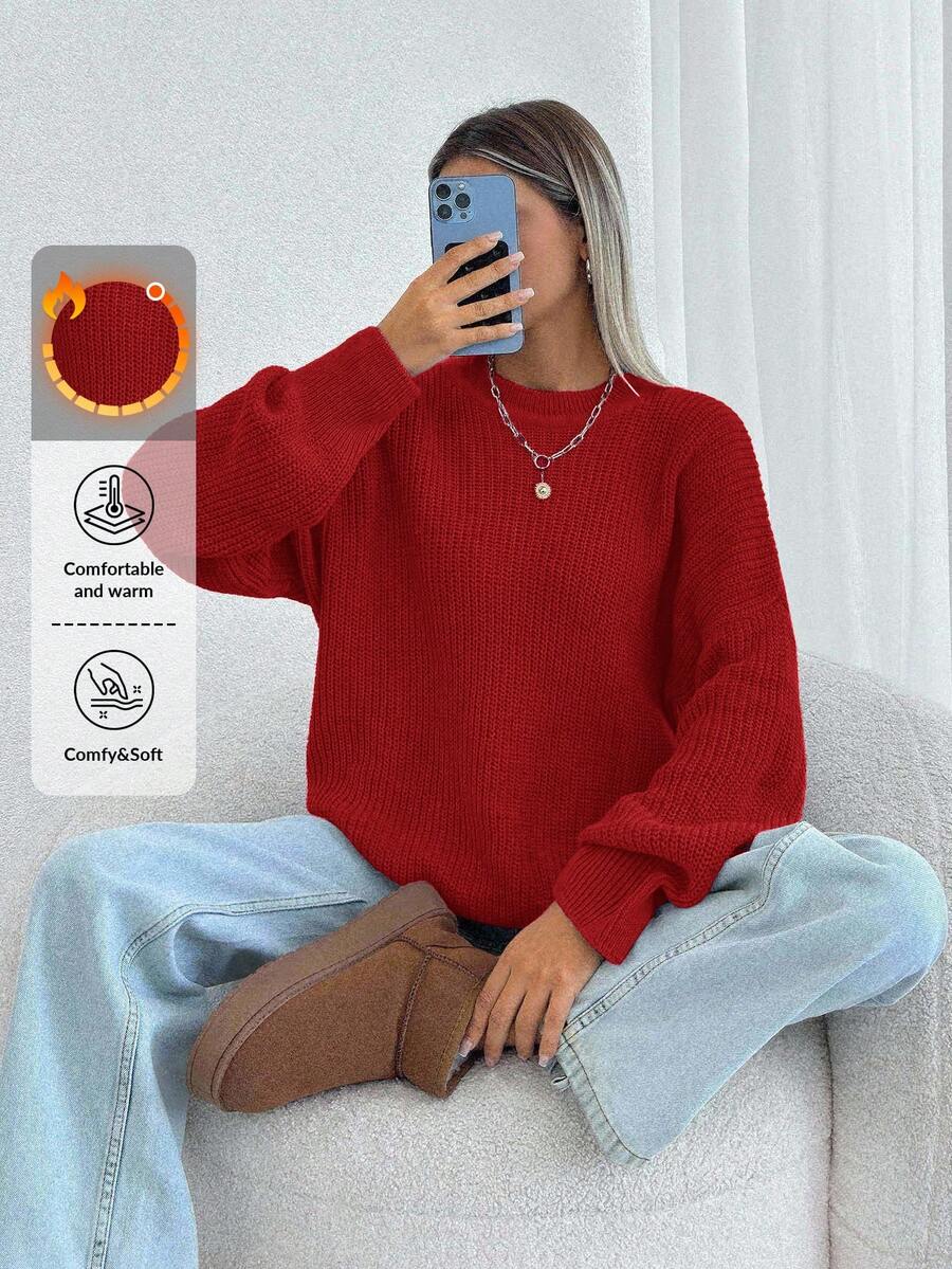EURMUSE Women Solid Color Round Neck Drop Shoulder Chunky Pullover Autumn - Red - View 1