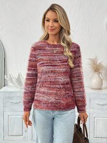 SHEIN LUNE 女式休闲仿皮草圆领长袖T恤 - 紅色 - 查看 5