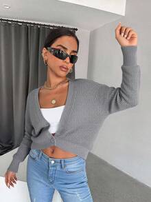 Cloudara Drop Shoulder Button Front Cardigan - Grey - View 5