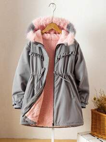 Áo khoác mùa đông thường ngày bằng lông nhân tạo có mũ trùm đầu, họa tiết chắp vá, thắt lưng có dây rút cho bé gái tuổi mới lớn - Nhiều màu - Xem 4