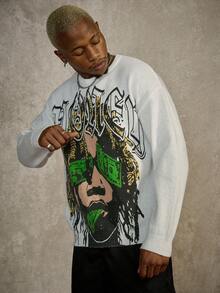 PAVTROS 男士休闲图案标语针织毛衣，秋冬 - 白色 - 查看 4