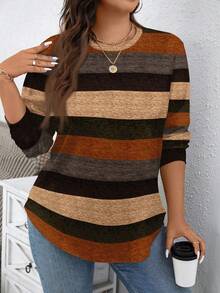 EMERY ROSE Christmas Striped Print Casual Versatile Plus Size Women Crew Neck Loose Long Sleeve Sweatshirt, Autumn/Winter Brown Long Sleeve - Multicolor - View 3