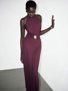 Lumivelle Women's Elegant Party Dress, Solid Color Halter Waist Ruched Decor Button Design, Red, New Year - Burgundy - View 4