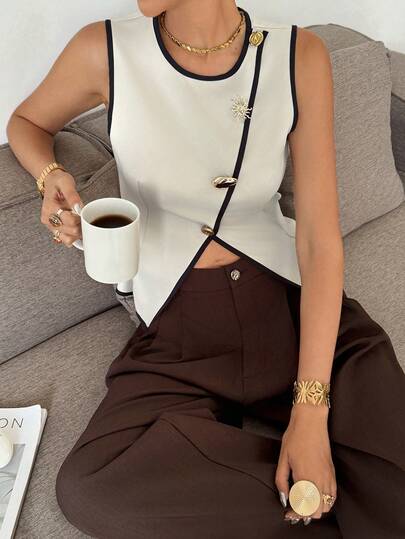 SHEIN Frenchy Women's Fashion Commuter Contrast Trim Metal Decor Vest Jacket,Elegant Blouses For Women ,Winter Clothes For Women , New Year, Party , Chic,Elegant Commuting Summer