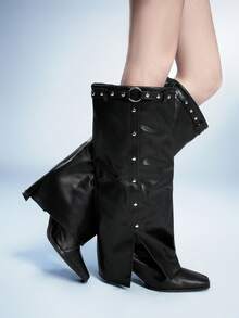 Sugerpunk Women's Round Metal Buckle Studded Decor Square Toe Stiletto Heel Tall Boots - Black - View 4