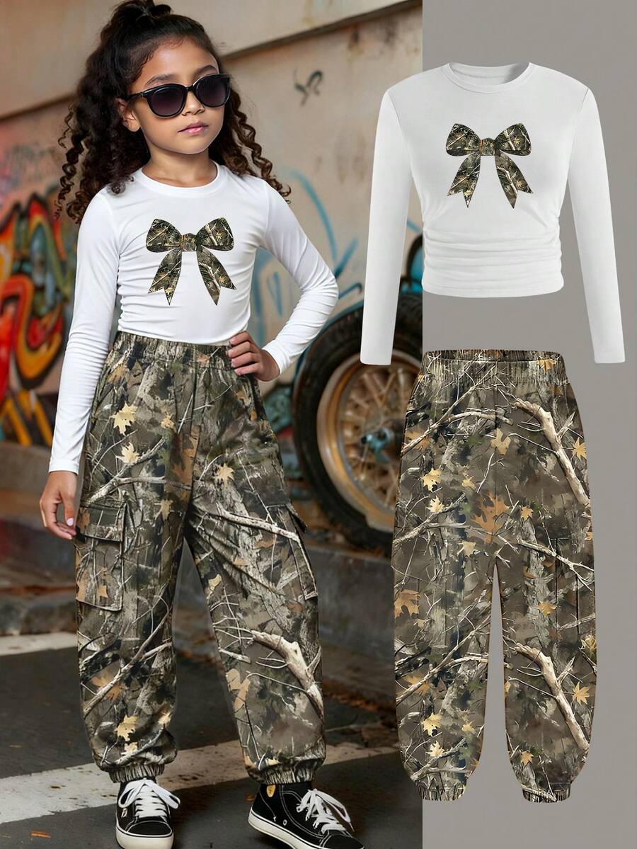 Sparklyn 2pcs Set: Camouflage Pants And Butterfly Print Long Sleeve Top, Fashion Digital Printing, Girls Streetwear Outfit, Suitable For Autumn/Winter - Multicolor - View 1