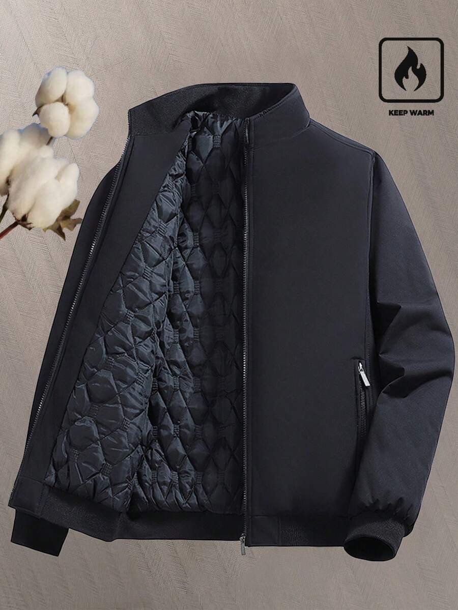 Manfinity Homme 男士休闲长袖羽绒服，立领，商务简约风，男友风外套，黑色，适合秋冬季穿着 - 黑色 - 查看 1