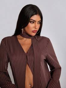 INAWLY 2pcs Women Casual Striped Print Long Sleeve Top And Wide Leg Pants Set With Sash, Spring/Autumn - Coffee Brown - View 7