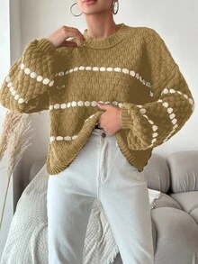 EURMUSE Striped Round Neck Drop Shoulder Sleeve Casual Sweater - Camel - View 5