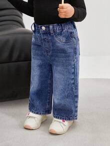 SHEIN Bubblio Baby Girl Vintage Blue Loose Straight Jeans - Dark Wash - View 5