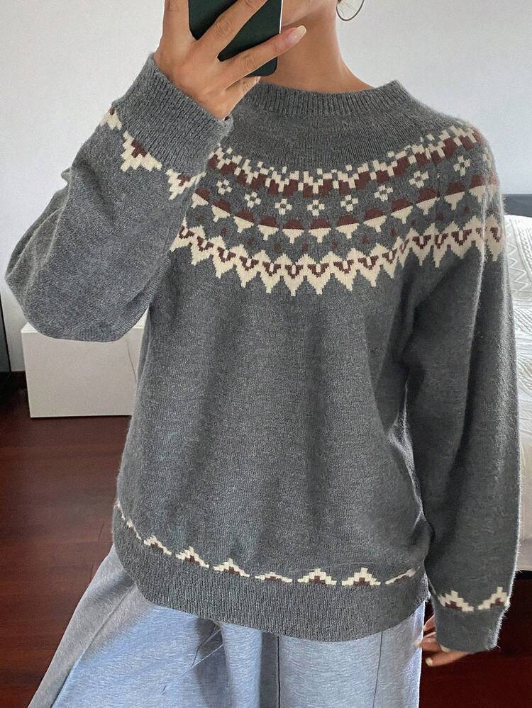 Women's Crew Neck Colorblock Striped Sweater, French Fair Isle Pattern, Versatile For Autumn/Winter