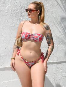 Arliah Women's Floral Print Bandeau Bikini Set, Vacation Beach Bikini Set For Summer