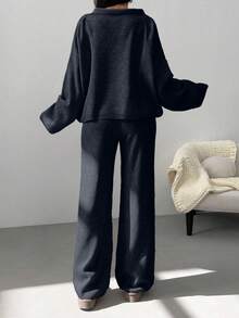 EURMUSE Woman Checkered Jacquard Polo Neck Two Pieces Sweater And Pants Co-Ords - Black - View 2