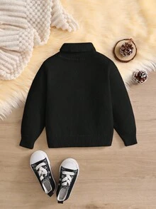 SHEIN 嬰兒/幼兒高領復古紋理針織保暖舒適休閒寬鬆套頭毛衣，適合上學與外出，秋冬款 - 黑色 - 查看 6