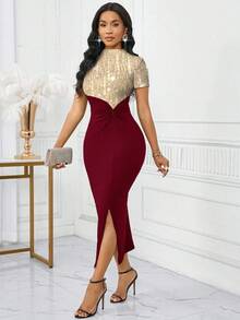 SHEIN Lady 女士时尚派对拼色扭结紧身连衣裙 - 酒紅色 - 查看 4