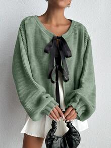 EURMUSE Chaqueta de punto acanalado con lazo, diseño de moda adecuado para el verano - verde menta - Ver 4