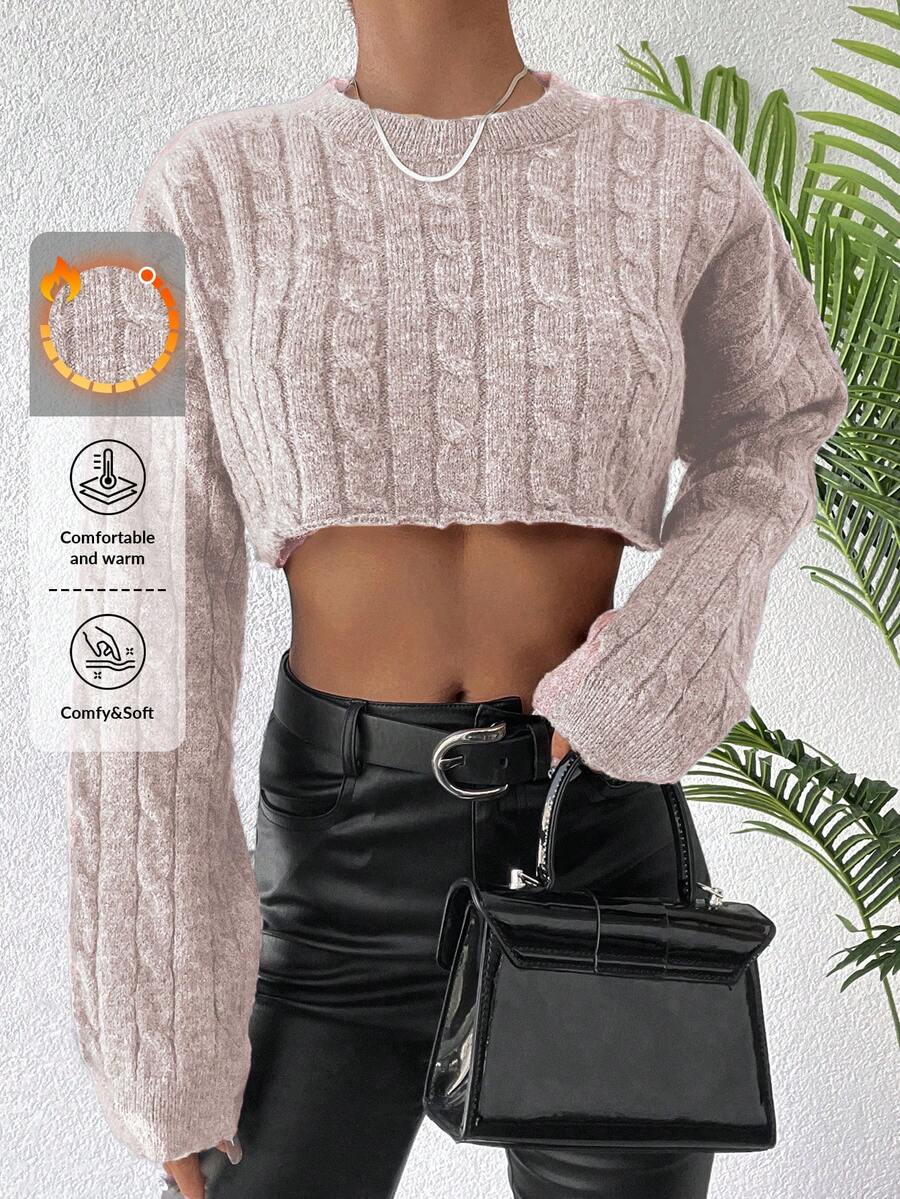 EURMUSE Women's Solid Color Drop Shoulder Long Sleeve Cropped Sweater, Autumn/Winter - Baby Pink - View 1