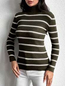 EURMUSE Women's Turtleneck Long Sleeve Striped Fitted Casual Sweater,Jumper,Cream Jumper,Jumpers,Black Jumper,Womens Jumper,White Jumper,Women's Jumper,Women's Jumpers,Winter Clothes - Army Green - View 3