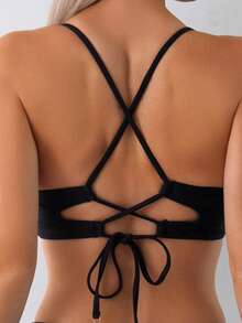 Conjunto de traje de baño de verano para mujer de unicolor, con tirantes cruzados en la espalda, decoración de concha metálica, alta elasticidad y ajuste cómodo - Negro - Ver 6