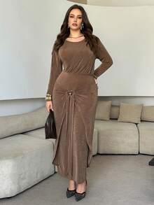 Modelyn 大码女式优雅秋冬针织褶饰修身长款休闲连衣裙 - 駝色 - 查看 3
