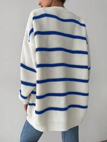 EURMUSE Ladies' Casual Colorblock Striped Cardigan, Autumn - Royal Blue - View 2