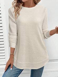 SHEIN LUNE Women's Casual Sweatshirt With Asymmetrical Hem, Textured Jacquard Striped Fabric - Khaki - View 4