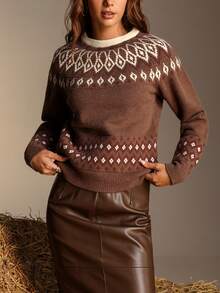 Chiquease Women's Casual Vacation Style Fair Isle Pattern Raglan Sleeve Sweater, Autumn/Winter Christmas Sweater - Camel - View 6