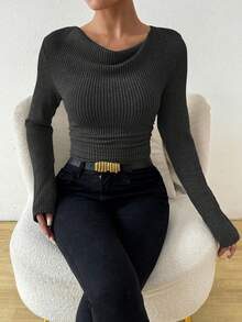 SHEIN Vintage Asymmetrical Draped Neck Textured Ruched Fitted Long Sleeve T-Shirt - Dark Grey - View 3