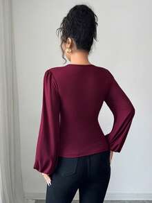Selianne Women's Elegant Burgundy Ruched Collar Design Puff Sleeve Long Sleeve Ruched Patchwork Fitted T-Shirt, Spring/Autumn - Burgundy - View 2