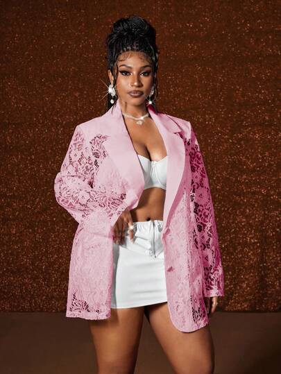 Maweii Blazer de renda plus size feminino, elegante, sexy, com abotoamento único