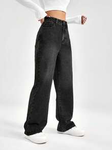 EURMUSE Women's Casual Straight Leg Jeans With Pockets, Street Style - Black - View 3
