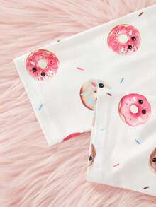 2pcs Young Girl' Cute Donut Print Long Sleeve Pajama Set