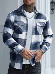 Manfinity Homme Men's Plaid Print Button Front Pocket Casual Long Sleeve Overcoat, Fall/Winter - Navy Blue - View 3