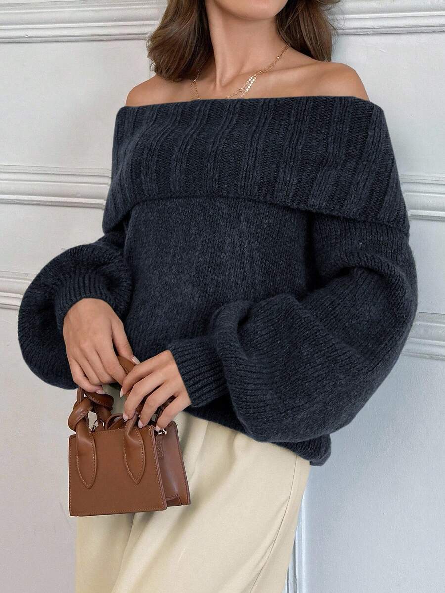 EURMUSE Elegant Off Shoulder Neck Line Rib Knit Balloon Sleeve Oversize Cozy Pullover For Winter - Dark Grey - View 1