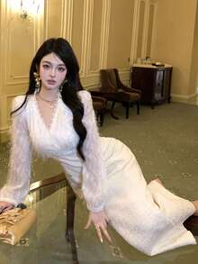 DAZY 女式交叉裹身长袖修身连衣裙，优雅时尚的舞会礼服 - 白色 - 查看 2