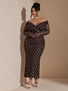 SHEIN BAE 大码女式波点 V 领褶饰露肩优雅连衣裙，棕色连衣裙，秋冬 - 咖啡棕 - 查看 5