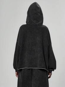 MUSERA Oversized Boxy Fit Washed Distressed Hem Hoodie Only  Streetwear Cool Night Out Everyday Sexy - Black - View 2