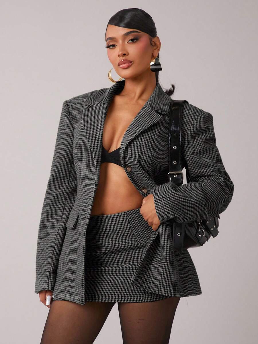 秋冬复古别致通勤棕色格纹西装套装-收腰西装外套+低腰裙两件套（含垫肩） - 灰色 - 查看 1