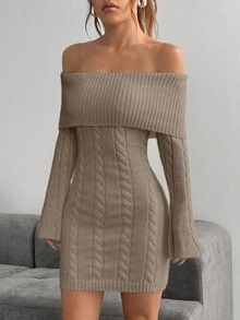Flirla EZwear Off-Shoulder Long Sleeve Twist Cable Fitted Sweater Dress - Brown - View 5