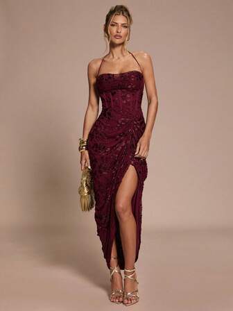 SHEIN BAE Autumn/Winter Women's Wine Red Jacquard Halter Neck Bustier Split High Elegant Christmas Dress, Black Mini Dress, Party Dress, Suitable For Party, Formal Event, Cocktail Party, Holiday Event, Christmas,Winter Dresses For Women,Red Dress,Red Dress,Christmas,New Year Dress,Red Dresses For Women,Christmas Dresses For Women