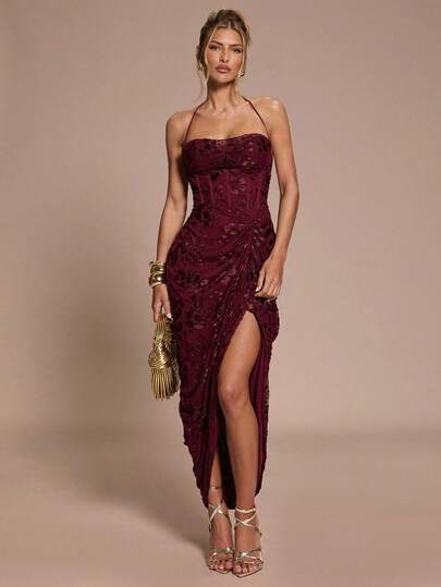 SHEIN BAE Women's Burgundy Elegant Jacquard Halter Neck Bustier High Split Dress,Summer Day Party Christmas Cocktail Party Formal Event Holiday New Year Dress